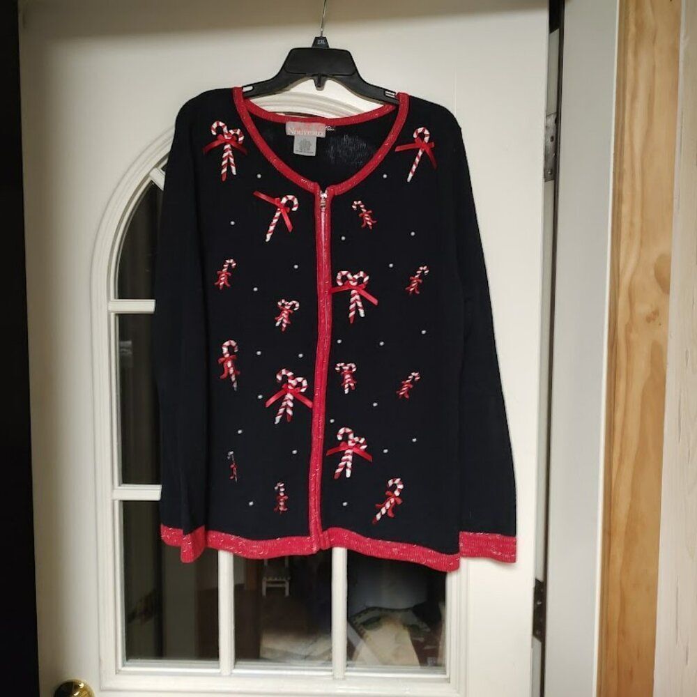 Nouveaux Black Candy Canes Full Zip Sweater Size Women's XL Worn 1 Time